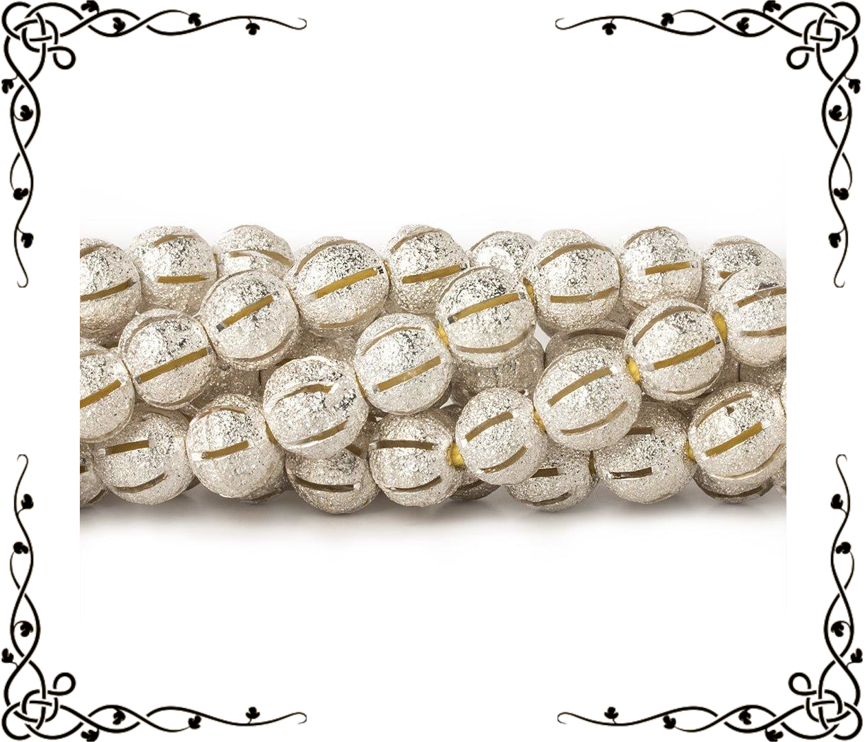8mm Sterling Silver Plated Brass Stripe Stardust Rounds — 8 inch, 27 beads