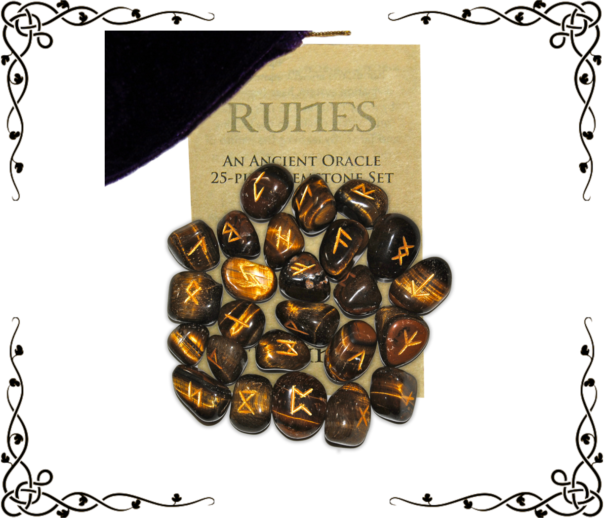 Tiger Eye Gemstone Runes — 25-Piece Set | Elder Futhark + Blank