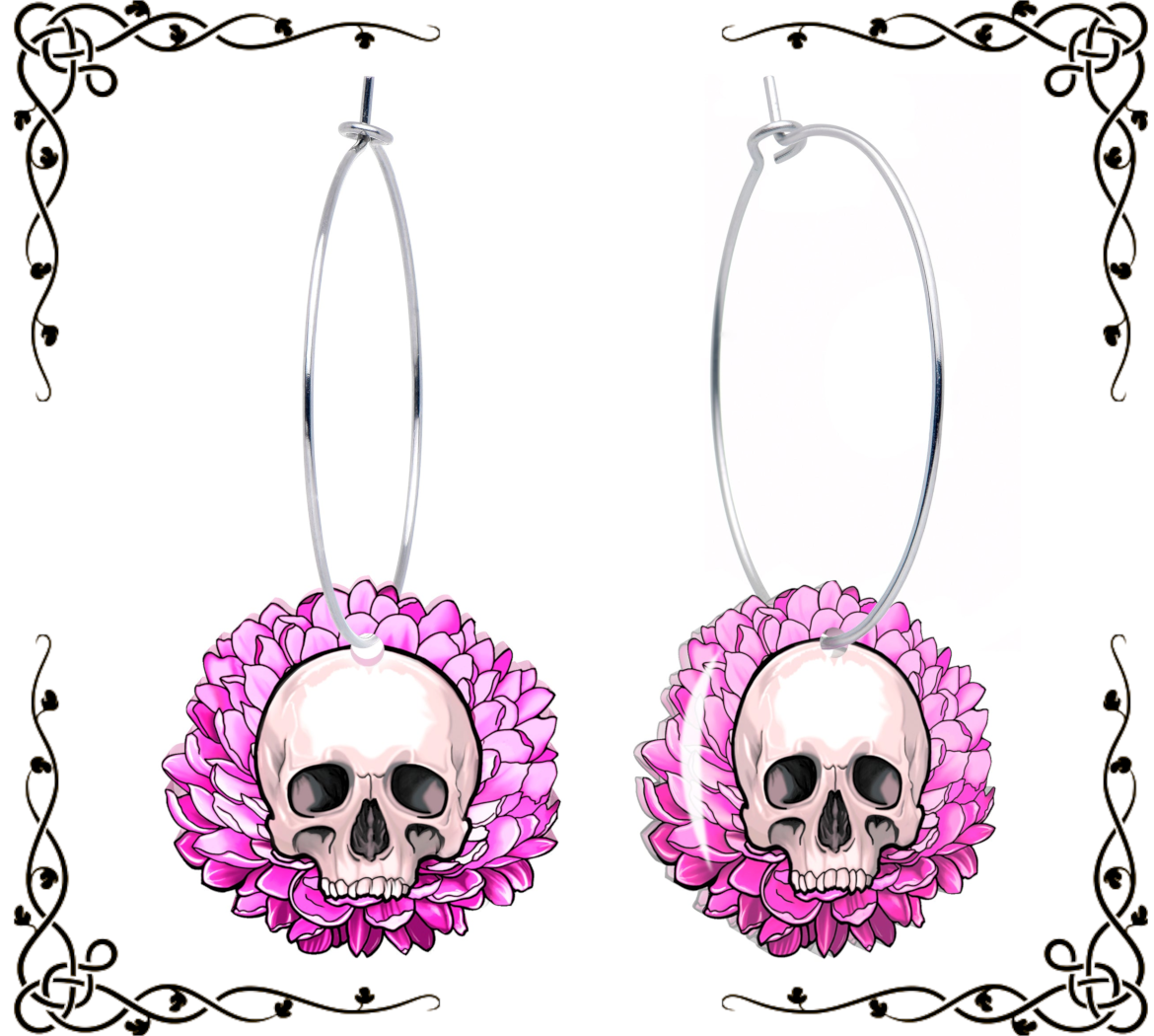 Blooming Flower Skull Hoop Earrings — Onyx O ☠ for Body Candy