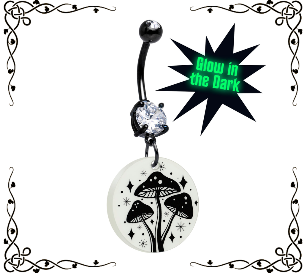 Glow in the Dark Mystic Mushroom Dangle Belly Ring — Onyx O ☠ for Body Candy