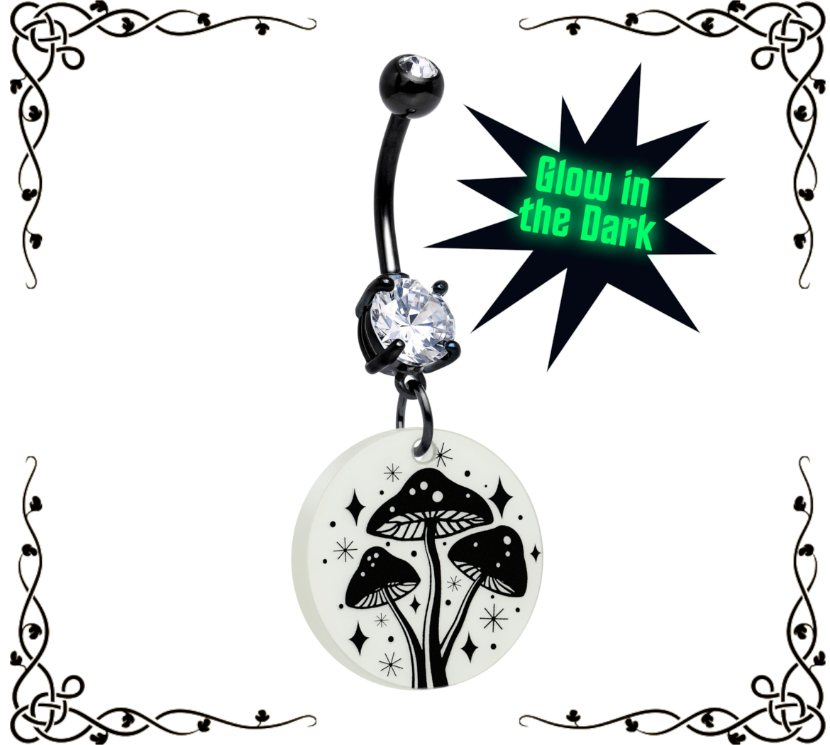 Glow in the Dark Mystic Mushroom Dangle Belly Ring — Onyx O ☠ for Body Candy