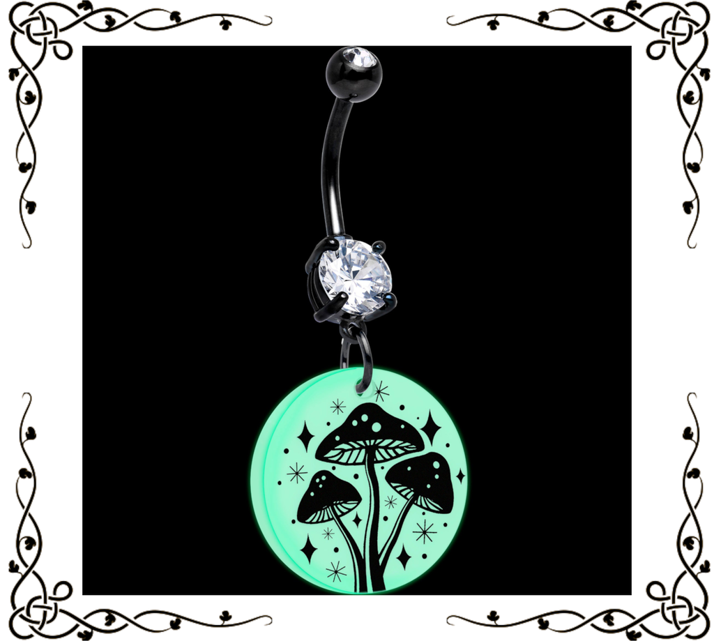 Glow in the Dark Mystic Mushroom Dangle Belly Ring — Onyx O ☠ for Body Candy