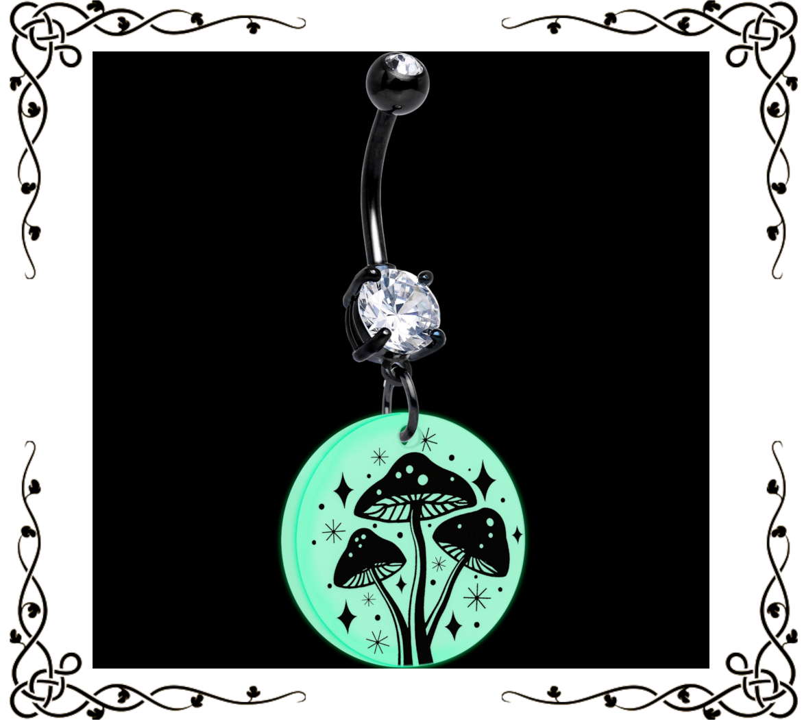 Glow in the Dark Mystic Mushroom Dangle Belly Ring — Onyx O ☠ for Body Candy