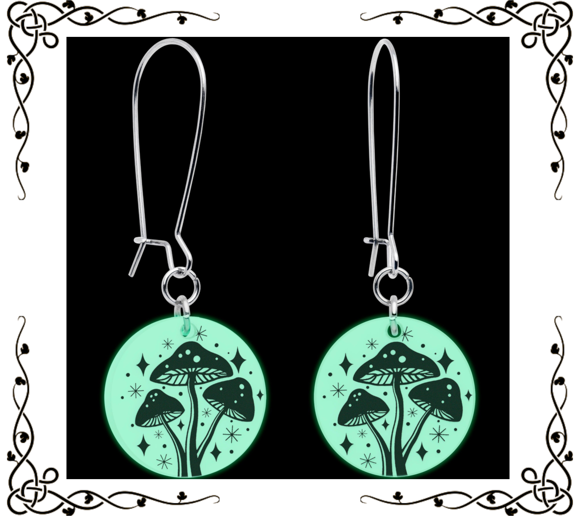 Glow in the Dark Mystic Mushroom Dangle Earrings — Onyx O ☠ for Body Candy