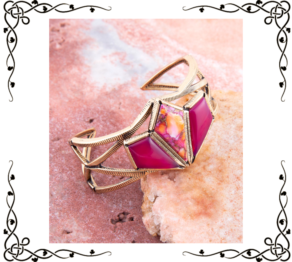 Pink Agate and Coral Matrix Golden Cuff Bracelet | Barse Jewelry