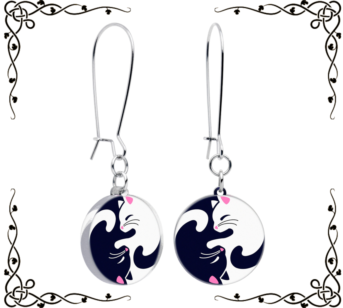 Kitty Cat Yin Yang Dangle Earrings — Onyx O ☠ for Body Candy